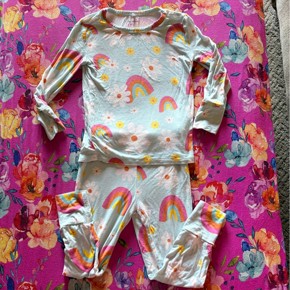 Kids Rainbow Floral Long-Sleeve Pajama Set - Light Blue